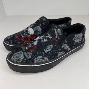 Raad Shop Unisex Black Floral Skull Casual Stretch Size 6.5M 8.5W Slip-On Shoes
